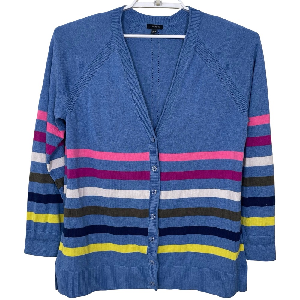 Talbots Womens Cardigan Sweater L Blue Rainbow Striped‎ Colorful Cotton Rayon